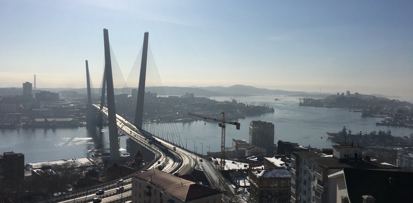 Aerial view of the Golden Bridge in Vladivostok 