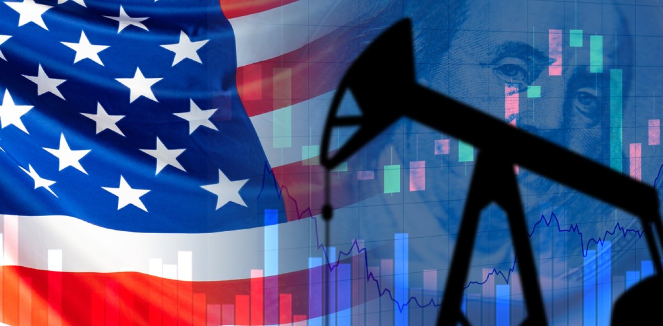 Rising prices for American oil. Concept - filling the USA reserves of crude oil. Oil pumping tower on background of the flag. Charts symbolize rising petroleum prices. U.S. hydrocarbon market. USO
