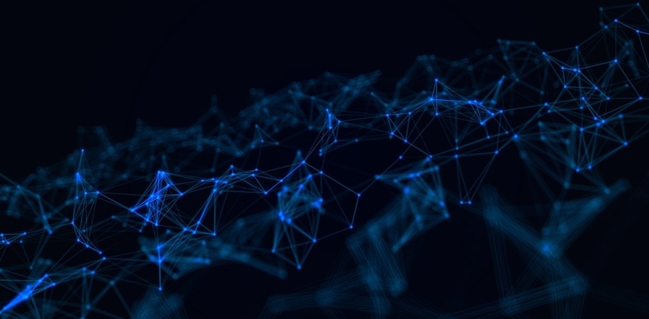 A dark background with a glowing blue network of interconnected nodes and lines