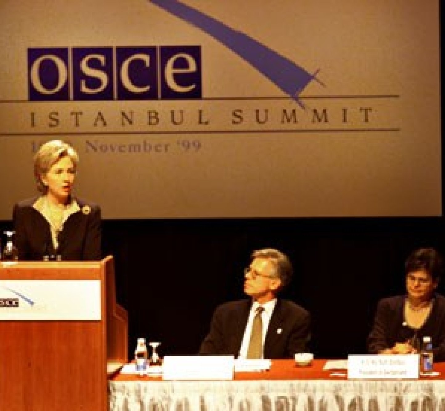 The First Lady delivers a speech at the OSCE Summit in Istanbul on combating the trafficking of humans, particularly women and children.