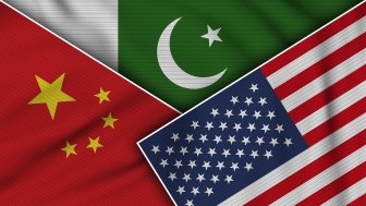 The flags of the US and China overlaying the Pakistan flag.