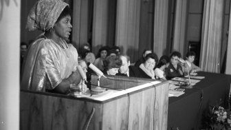 The celebration of the International Women's Day on March 8 at the Patrice Lumumba People's Friendship University. Wilhelmina Scott Boyle, a third year student from Sierra Leone speaks at the podium.