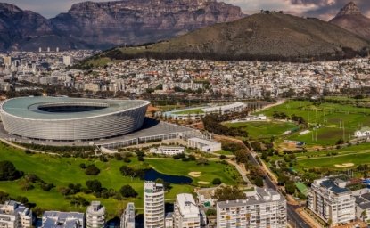 Sunset aerial view of Cape Town city in Western Cape province in South Africa