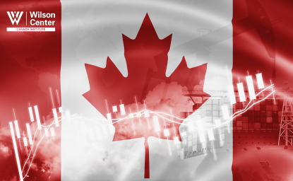 Canada flag, stock market, exchange economy and Trade, oil production, container ship in export and import business and logistics.