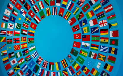 World Bank Group and International Monetary Fund Annual Meeting Logo with Flags Arranged in a Circle