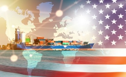 American cargo ship. Marine ship with containers. Sea export to USA. Ships for transporting goods across ocean. Sea import from USA. Transportation of American goods by ocean. USA cargo ship.