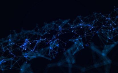 A dark background with a glowing blue network of interconnected nodes and lines