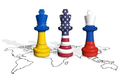 chess geopolitics concept art with Ukraine Russia USA