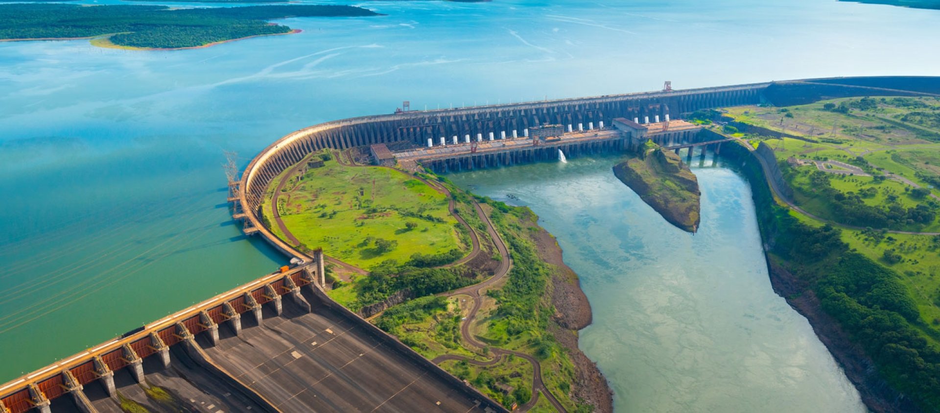 Aerial view of the Itaipu Hydroelectric Dam on the Parana River.