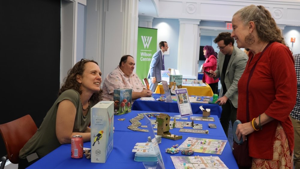 Elizabeth Hargrave showcasing Wingspan and Under Grove at the Serious Games Initiative's 20th Anniversary