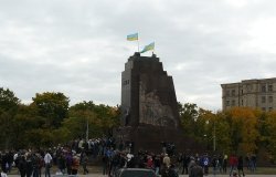 An empty pedestal after the destruction of the monument to Lenin in Kharkiv, Ukraine.