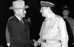President Harry S. Truman and General Douglas MacArthur at President Truman's arrival at the Wake Island Conference, October 15, 1950.