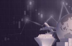 Various representations of trade including a graph, a cargo ship, shipping containers, an airplane, and a globe.