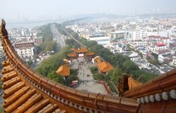 View from atop Chinese tower overlooking tree-lined corridor in Wuhan City