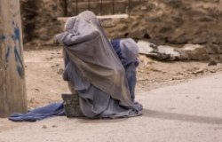 Afghan women in burqas on the side of the road
