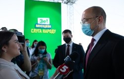 Ukrainian Prime Minister Denys Shmygal wearing a protective mask speaks to media before a congress of Servant of the People political party in Kyiv, Ukraine. August 31, 2020.