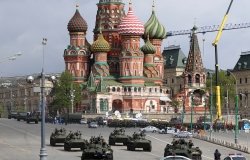 Military Parade rehearsals near St basil's cathedral in Moscow
