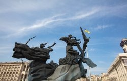 Kyiv, Ukraine - April 1, 2021: Monument to the founders of Kyiv on Independence square