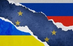 Ukraine, european union, Russia flag grunge Ripped paper background