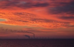 View from sunrise or sunset Zaporozhye nuclear power plant in Energodar, Ukraine